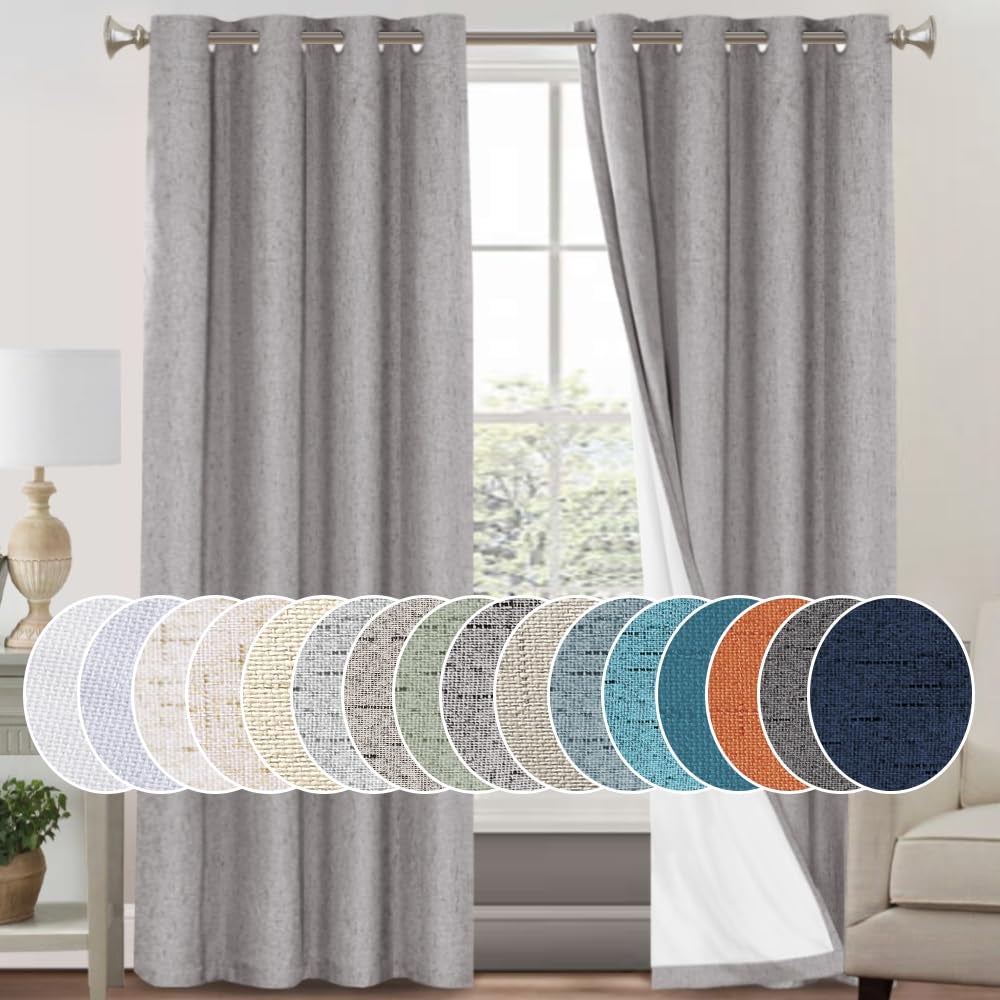PrinceDeco Linen Textured 100% Blackout Curtains for Bedroom/Living Room Energy Saving Window Treatment Curtain Drapes, Burlap Fabric with White Thermal Insulated Liner (2 Panels, 52 x 96 Inch, Light 